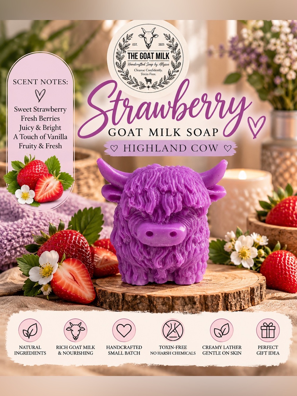 Purple handcrafted Handmade Highland Cow Goat Milk bar- purple strawberry